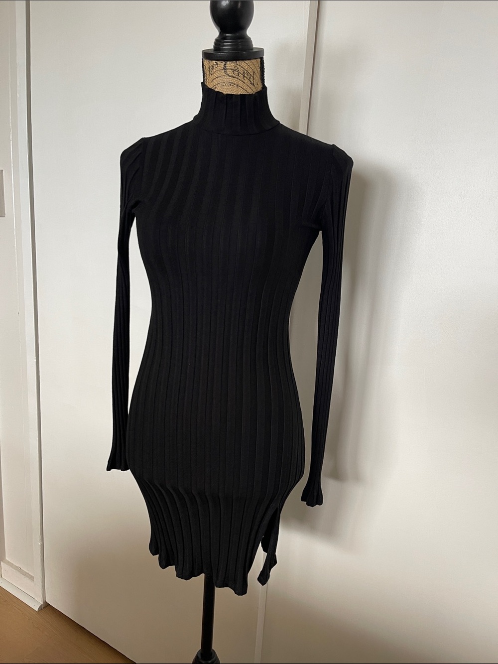 Reformation Black Ribbed Mock-Neck Long Sleeve Midi Dress